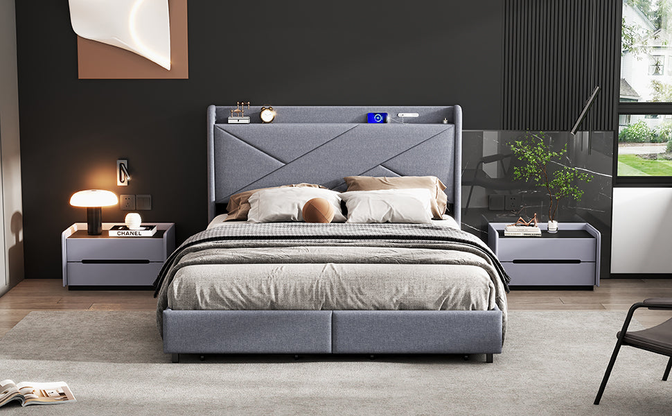 Queen Size Upholstery Platform Bed with Storage Headboard, LED, USB Charging and 2 Drawers, Gray