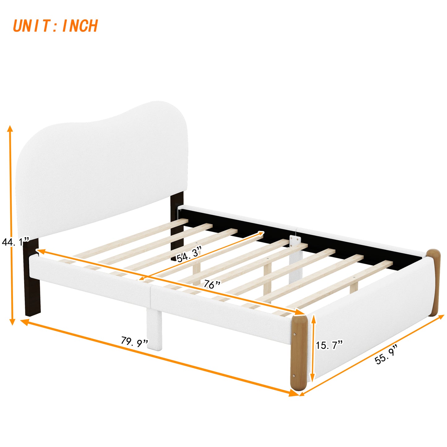 Full Size Upholstered Platform Bed with Wood Supporting Feet, White