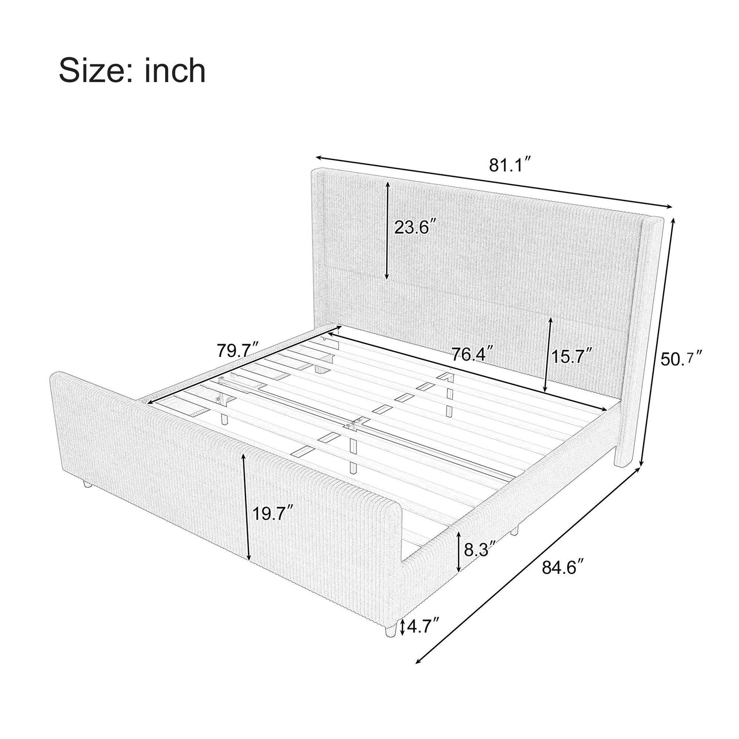 50.7'' High Headboard Corduroy Upholstered Bed Frame with Vertical Stripe Wingback and High Footboard No Box Spring Needed, king Size, Taupe