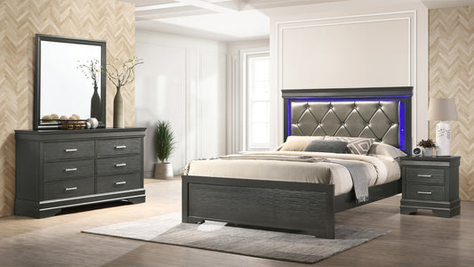 Full 4 Piece LED Bedroom set made with Wood in Gray