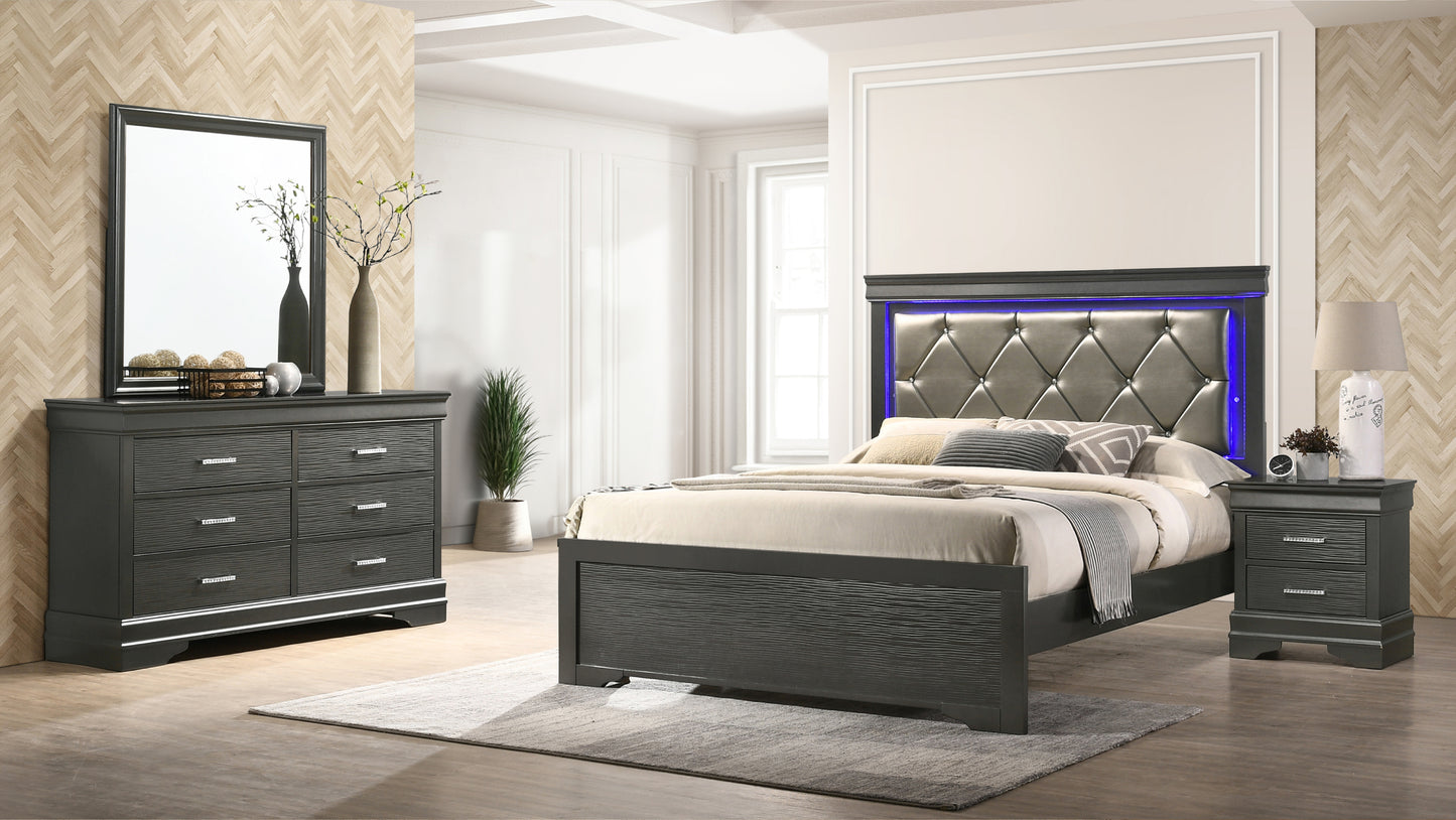 Queen 4 Piece LED Bedroom set made with Wood in Gray