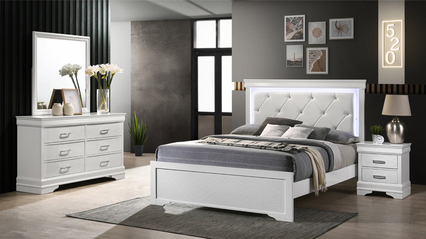 Full 4 Piece LED Bedroom set made with Wood in White