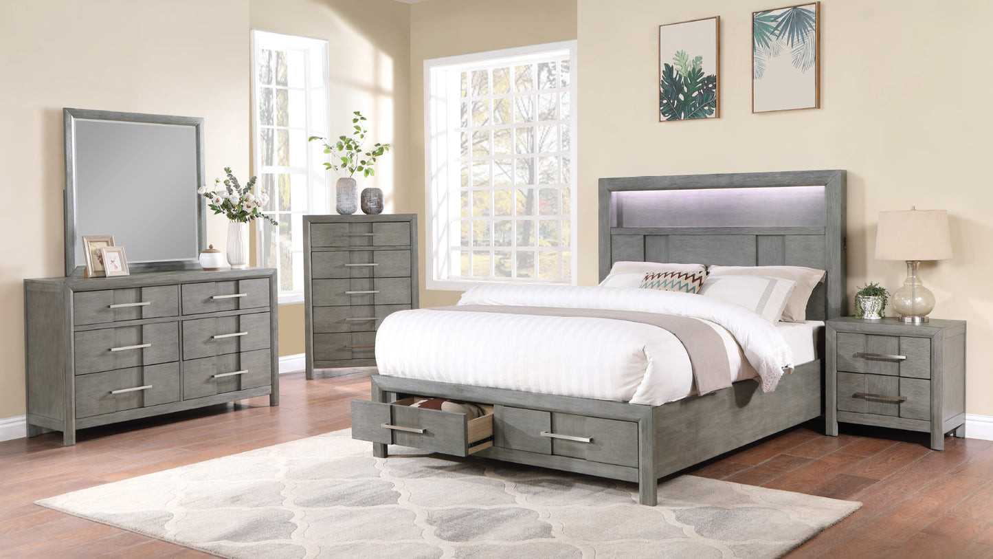 Modern Style Queen Bed Made with Wood & LED Headboard with bookshelf in Gray