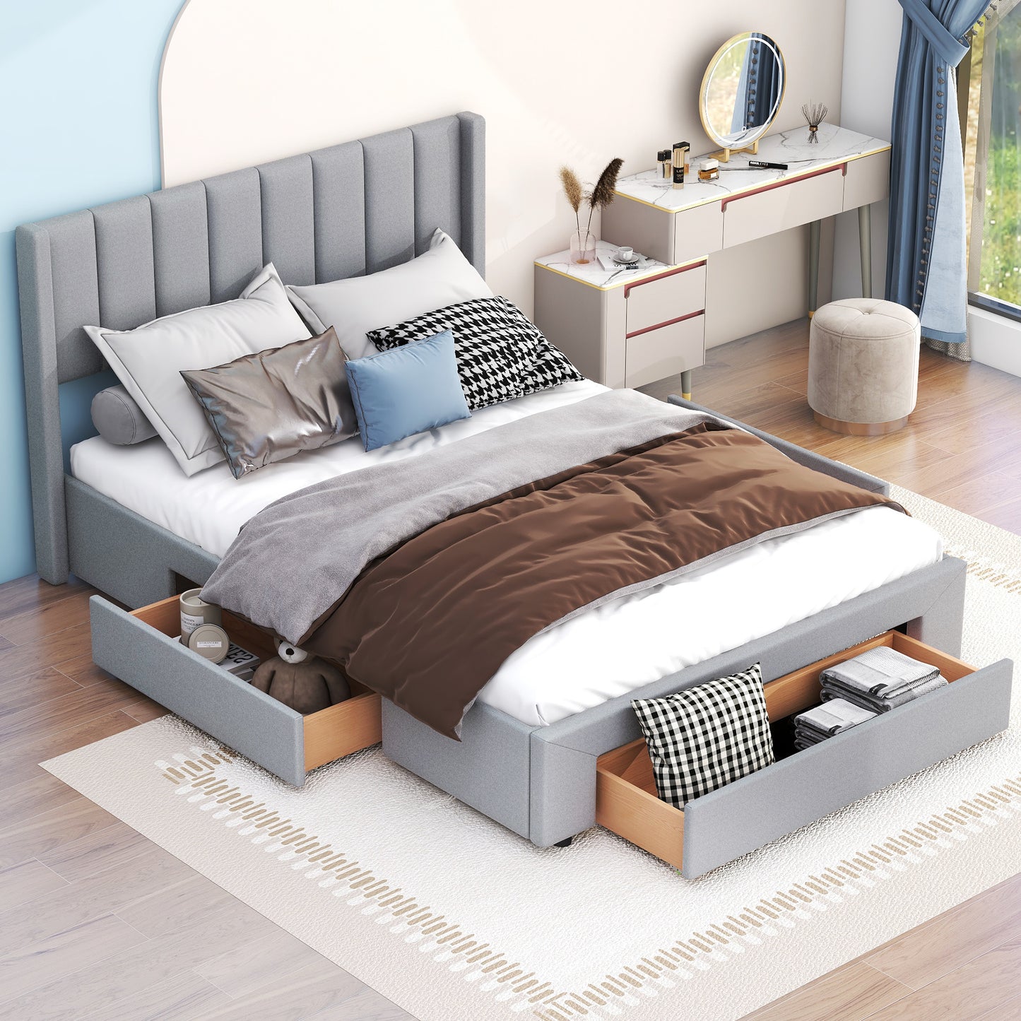 Queen Size Upholstered Platform Bed with One Large Drawer in the Footboard and Drawer on Each Side,Gray