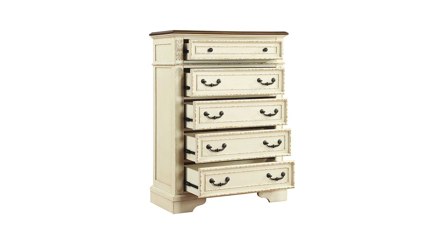 Ensemble de chambre à coucher Queen de style traditionnel 5 pièces avec tête de lit capitonnée à boutons en bois beige antique