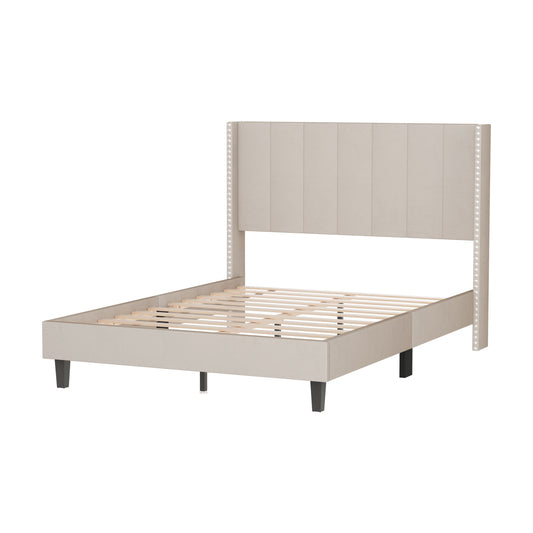 Velvet Upholstered Bed Frame with Vertical Channel Tufted Headboard,Modern Decorative Nailheads, Full size Bed Frame Beige