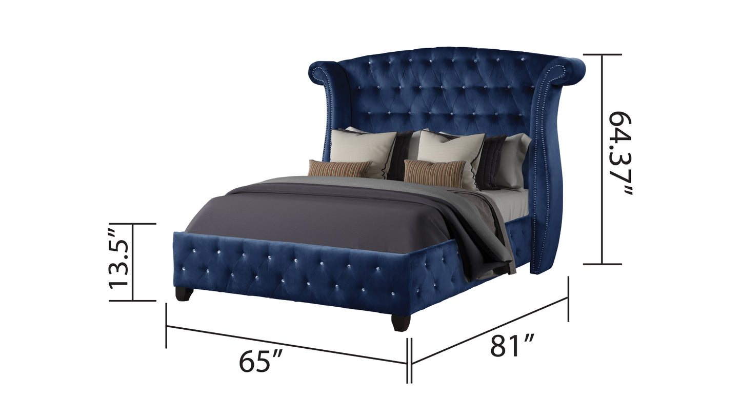 Modern Style Crystal Tufted Queen 4 Piece(Includes: Queen Size Bed, Nightstand, Dresser, and Mirror) Velvet Fabric Upholstery Bedroom Set Made with Wood in Blue