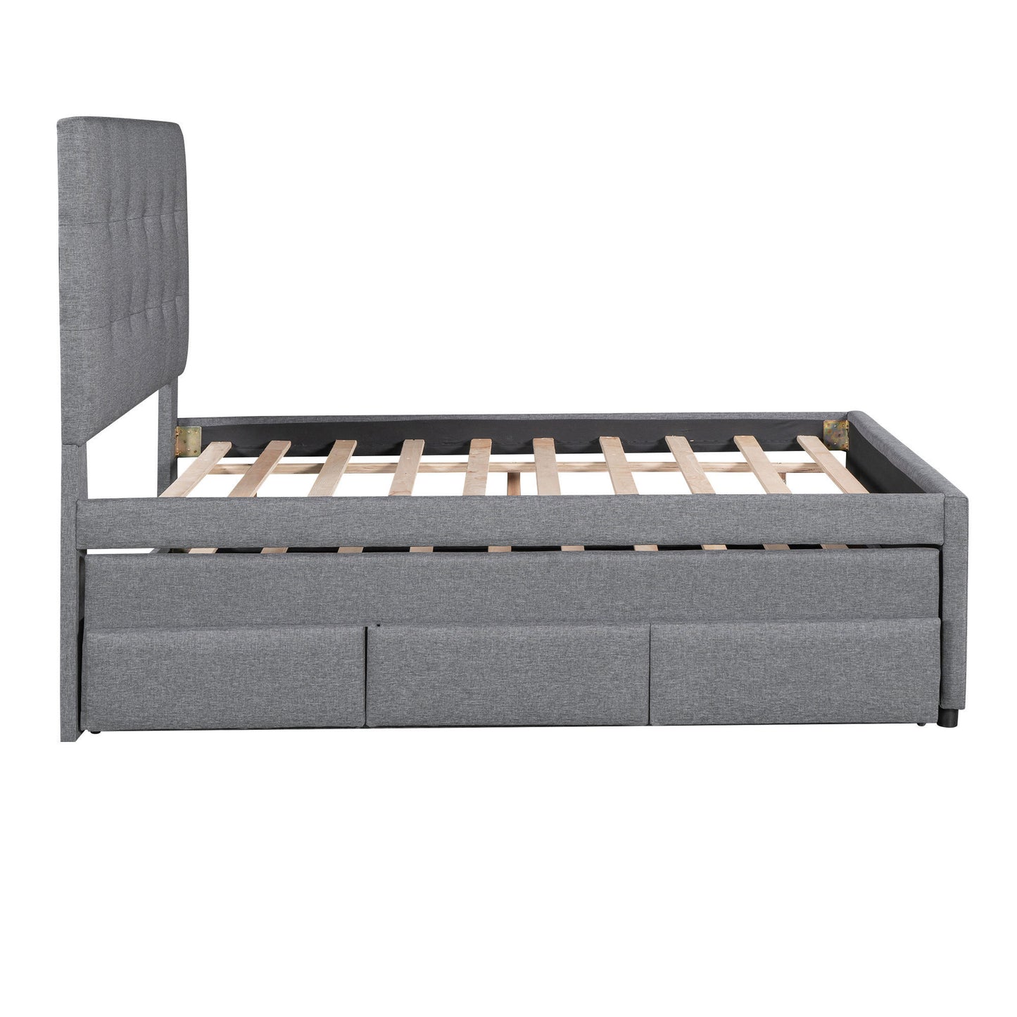 Full Size Upholstered Platform Bed with Pull-out Twin Size Trundle and 3 Drawers, Gray