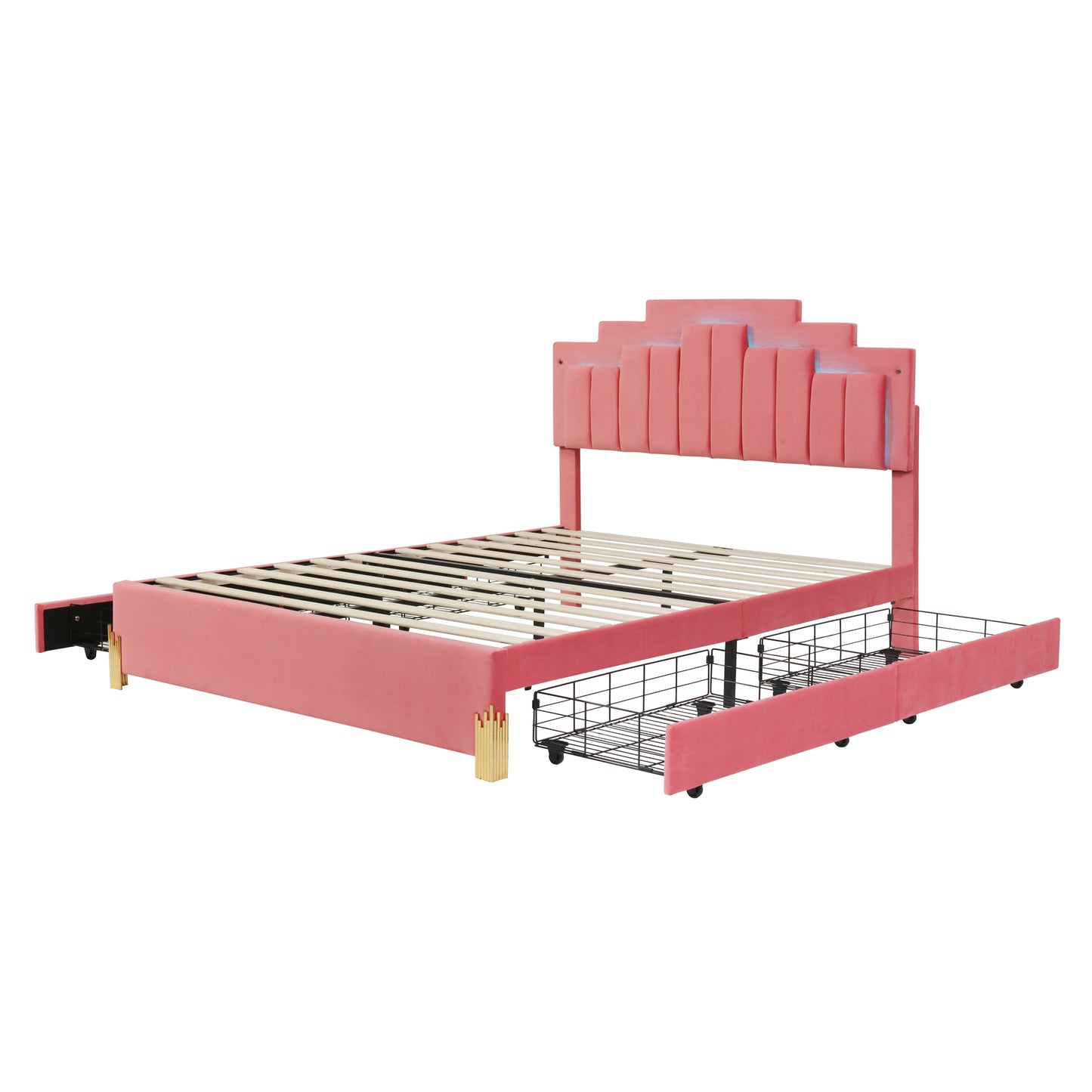 Queen Size Upholstered Platform Bed with LED Lights and 4 Drawers, Stylish Irregular Metal Bed Legs Design, Pink