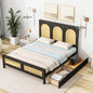 Full Size Wood Storage Platform Bed with 2 Drawers, Rattan Headboard and Footboard, Black