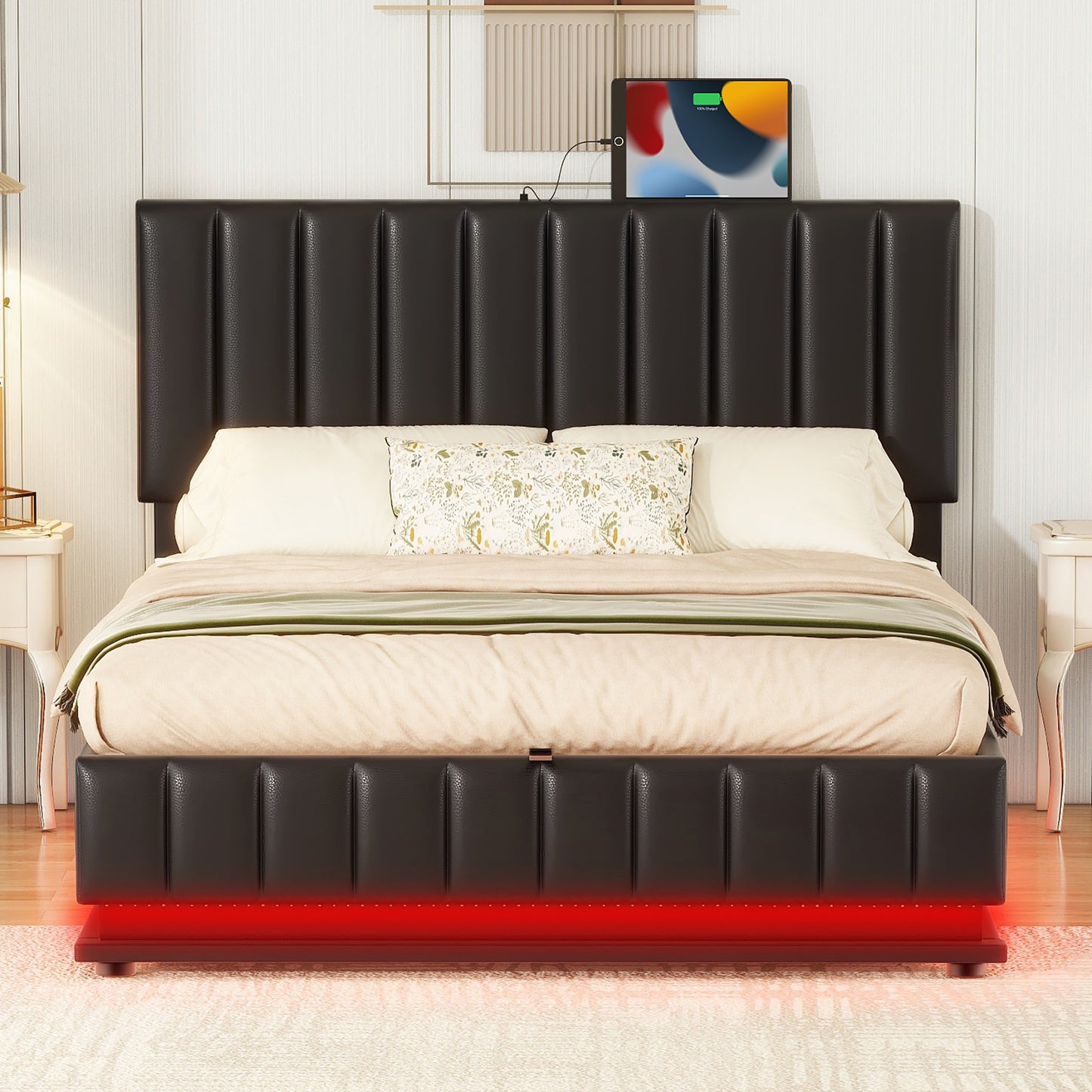 Full Size Upholstered Bed with Hydraulic Storage System and LED Light, Modern Platform Bed with Sockets and USB Ports, Black