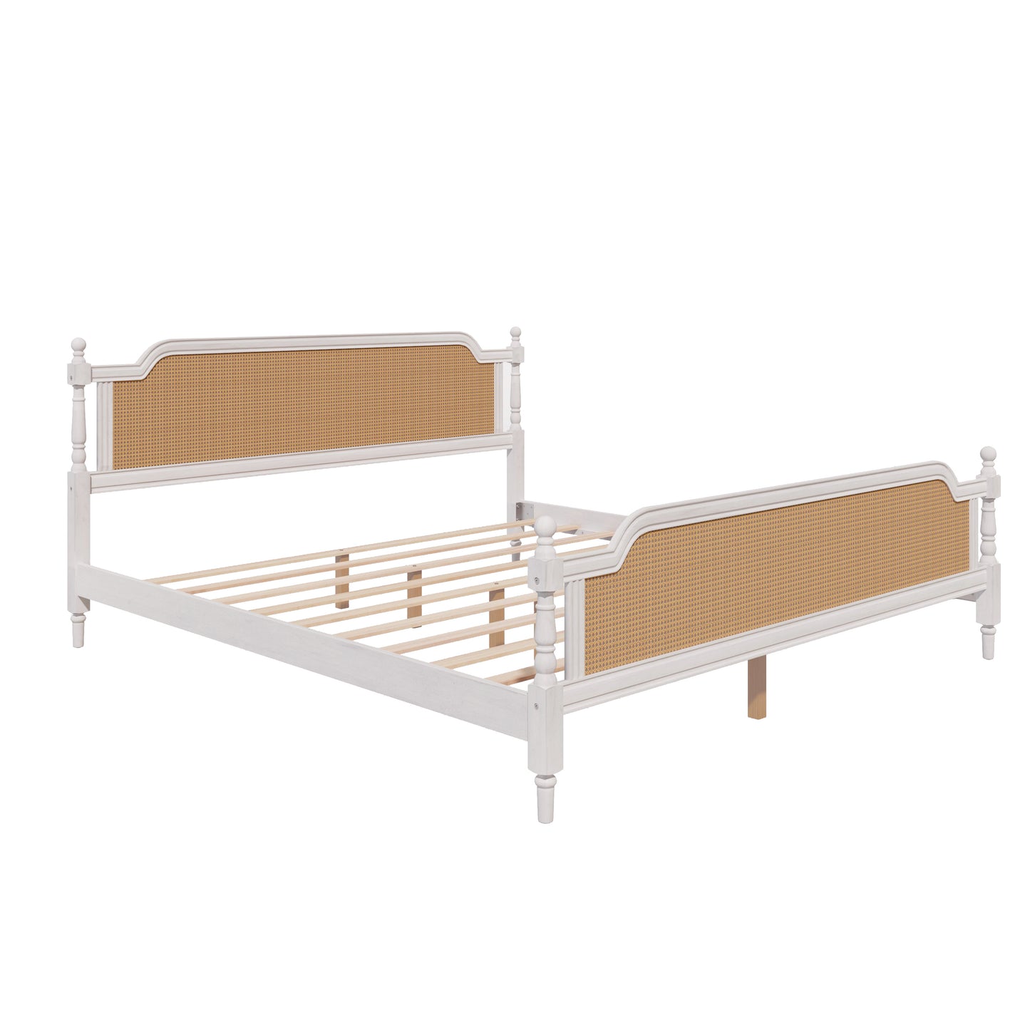 Traditional Style Rattan King Size Bed Frame,No Box Spring Needed,Antique White