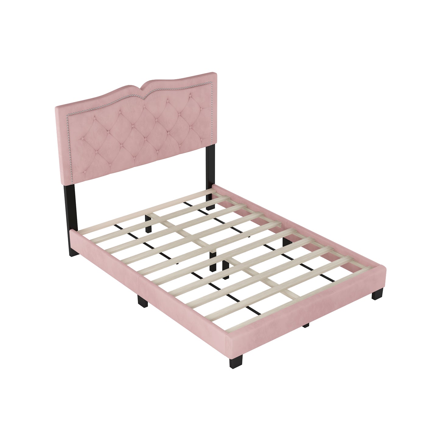 Full Size Upholstered Bed Frame with Rivet Design, Modern Velvet Platform Bed with Tufted Headboard,Pink