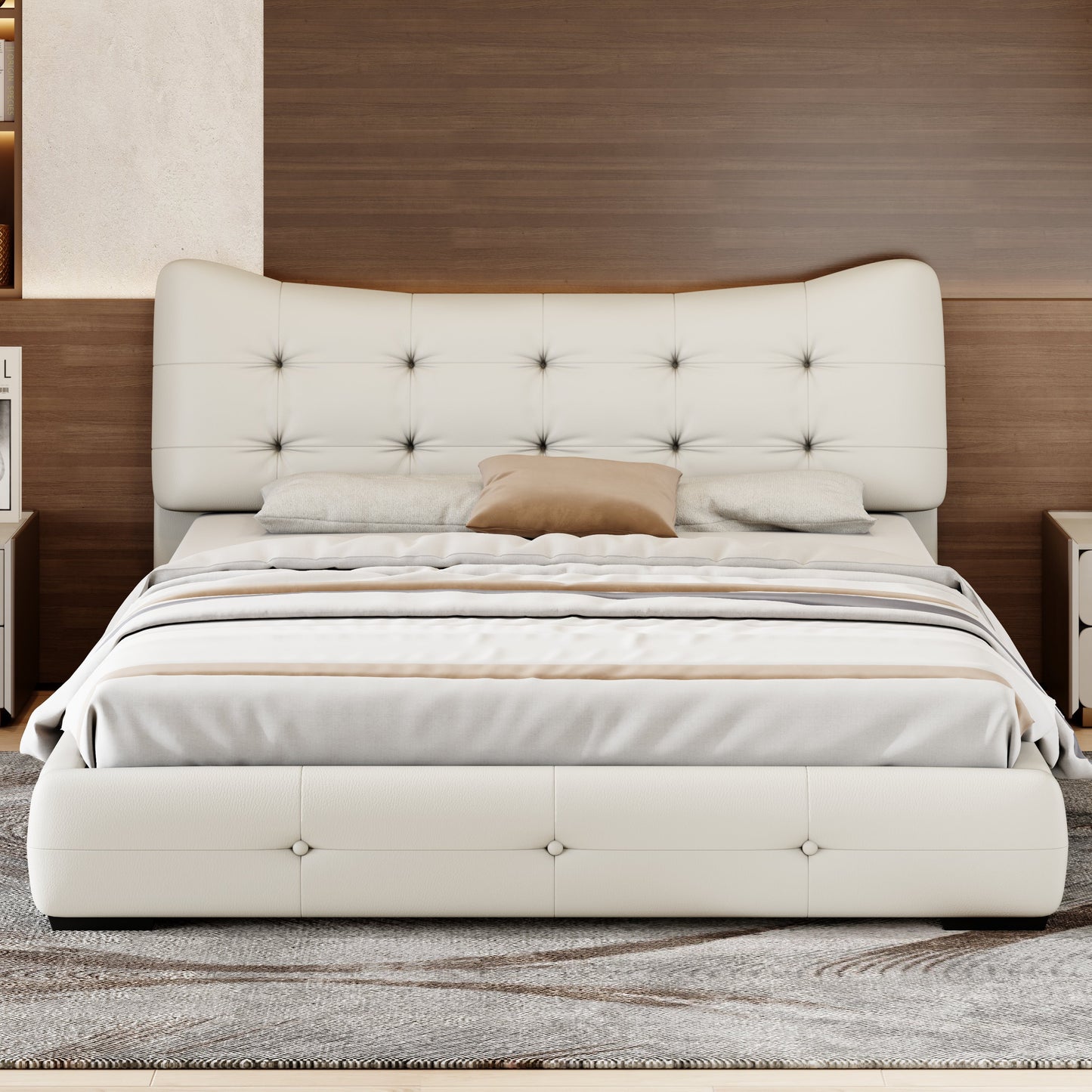 Modern PU Upholstered Queen Bed with Ergonomic Wingback Headboard, No Box Spring Needed, Cream