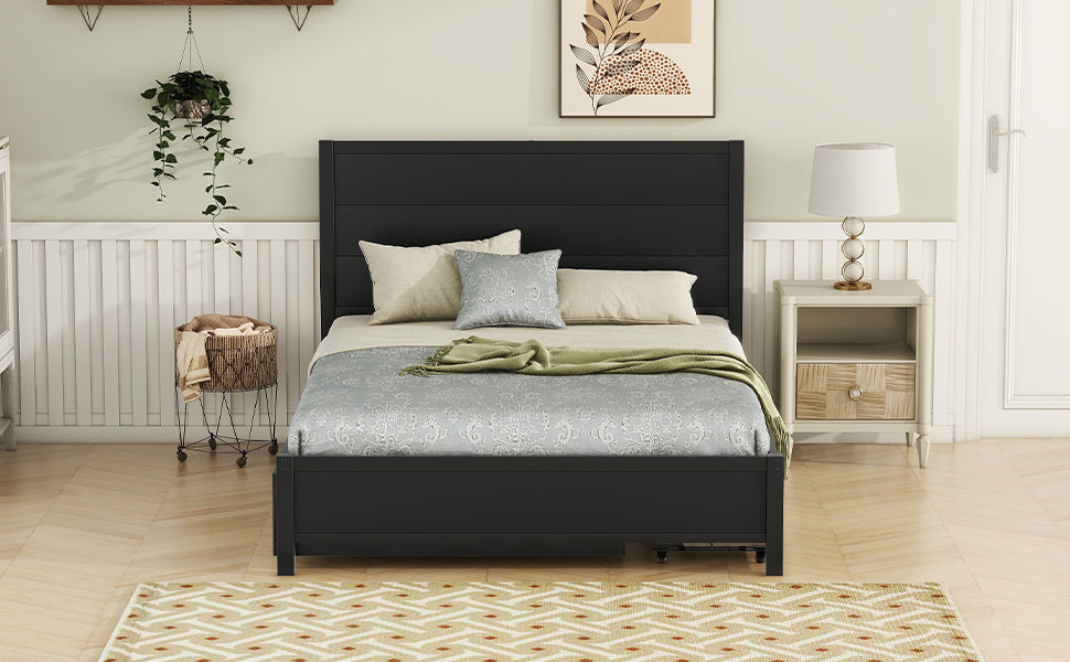 Metal Full Size Storage Platform Bed with Twin Size Trundle and 2 Drawers, Black