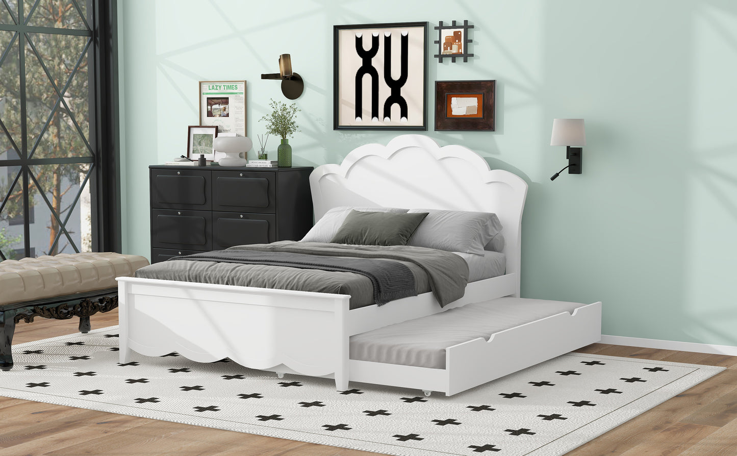 Full Size Wood Platform Bed with Headboard and Twin Size Trundle, White