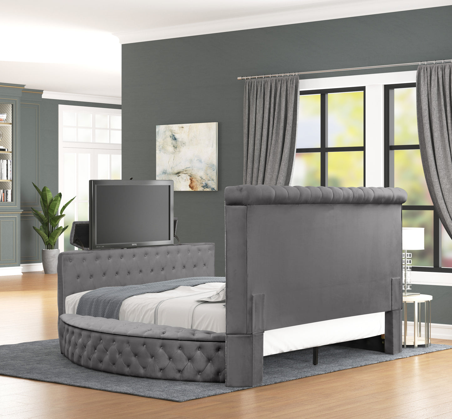 Modern Style Crystal Tufted Queen Bed  Made with wood in Gray