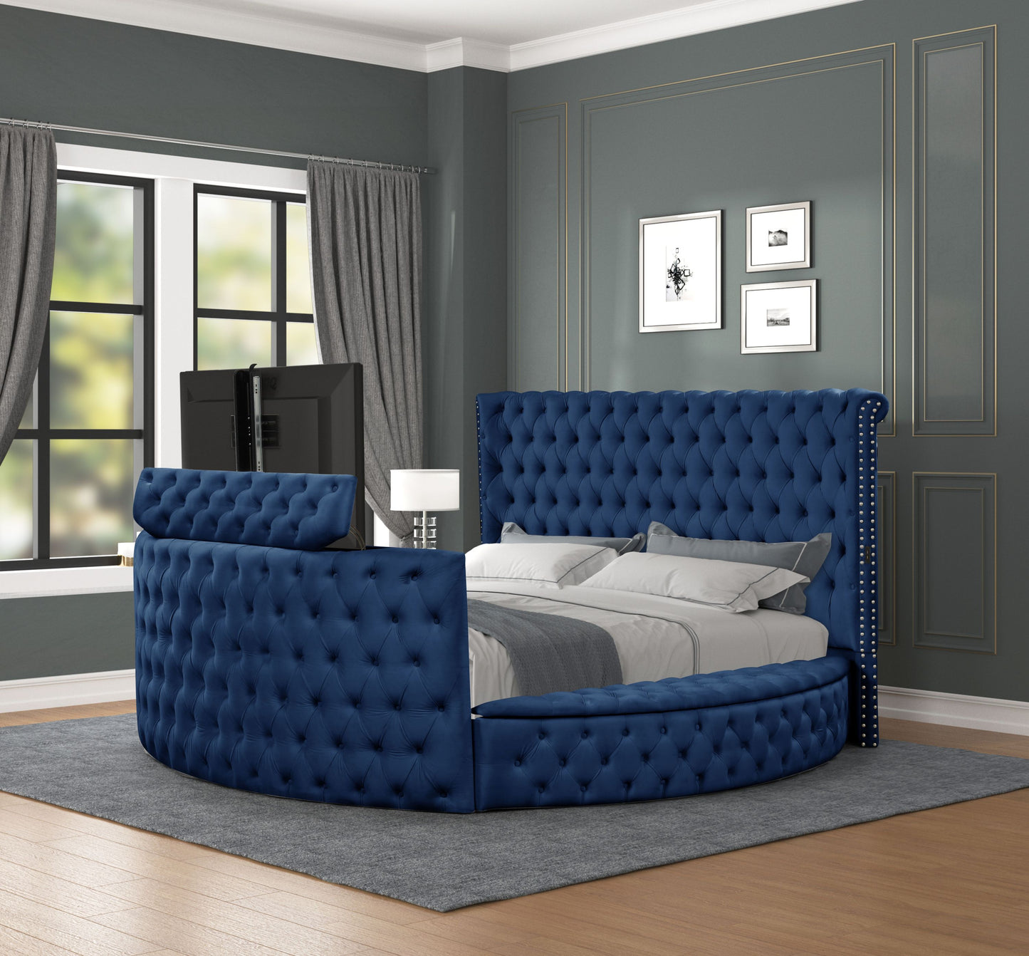 Juego de dormitorio de 5 piezas con mechones de cristal de estilo moderno, tamaño Queen, fabricado con madera en azul