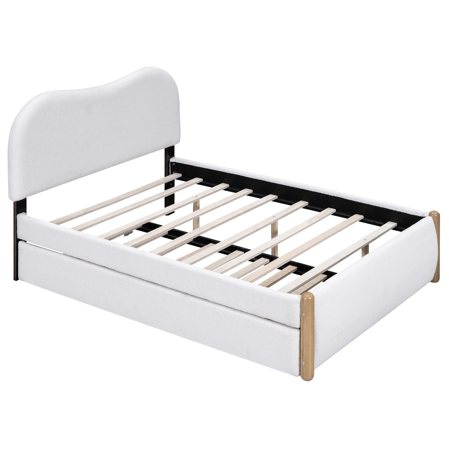 Full Size Upholstered Platform Bed with Wood Supporting Feet and Twin Size Trundle, White