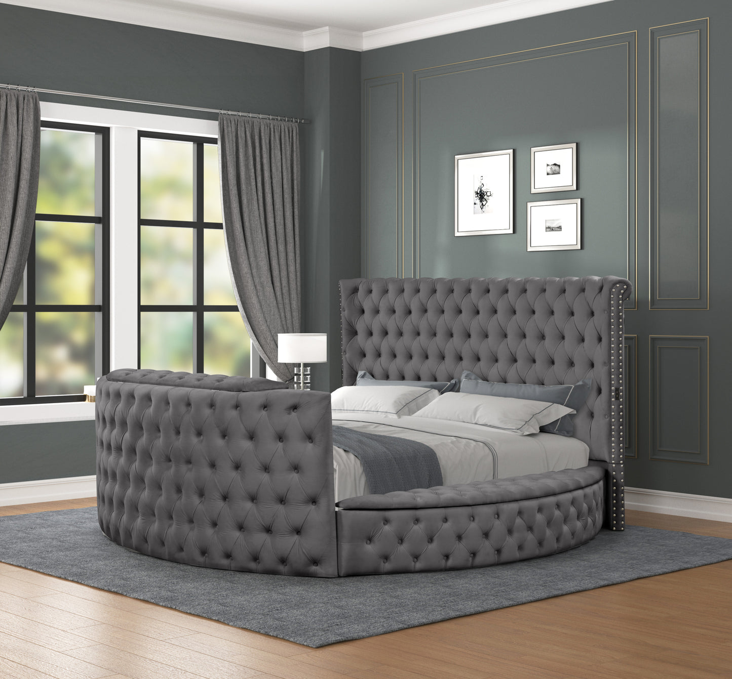 Juego de dormitorio de 5 piezas con mechones de cristal de estilo moderno, tamaño Queen, fabricado con madera en color gris