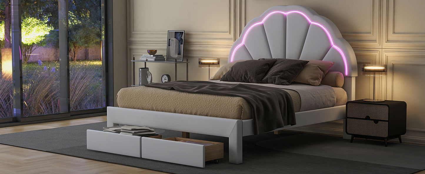 Full Size Upholstered Platform Bed with Seashell Shaped Headboard, LED and 2 Drawers, White