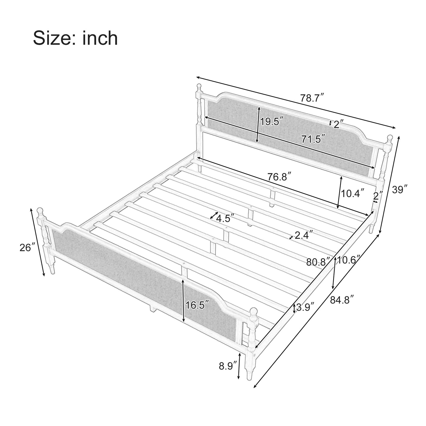 Traditional Style Rattan King Size Bed Frame,No Box Spring Needed,Antique White