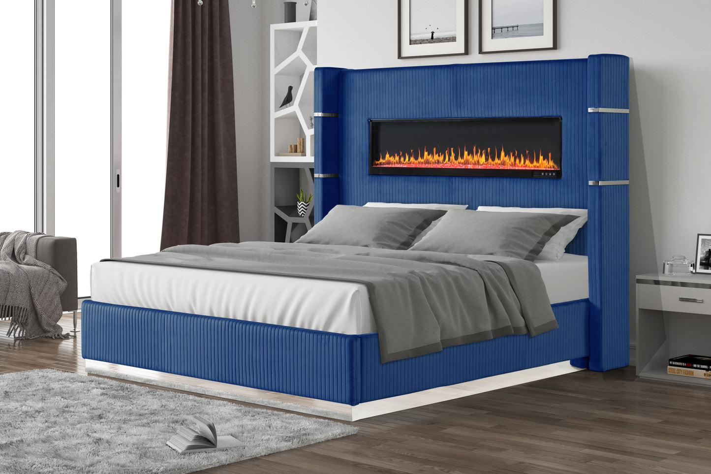 Modern Style Upholstery Queen 5 Piece(Includes: Queen Size Bed, Nightstand , Chest, Dresser, and Mirror) Fireplace Bedroom Set made with wood in Blue