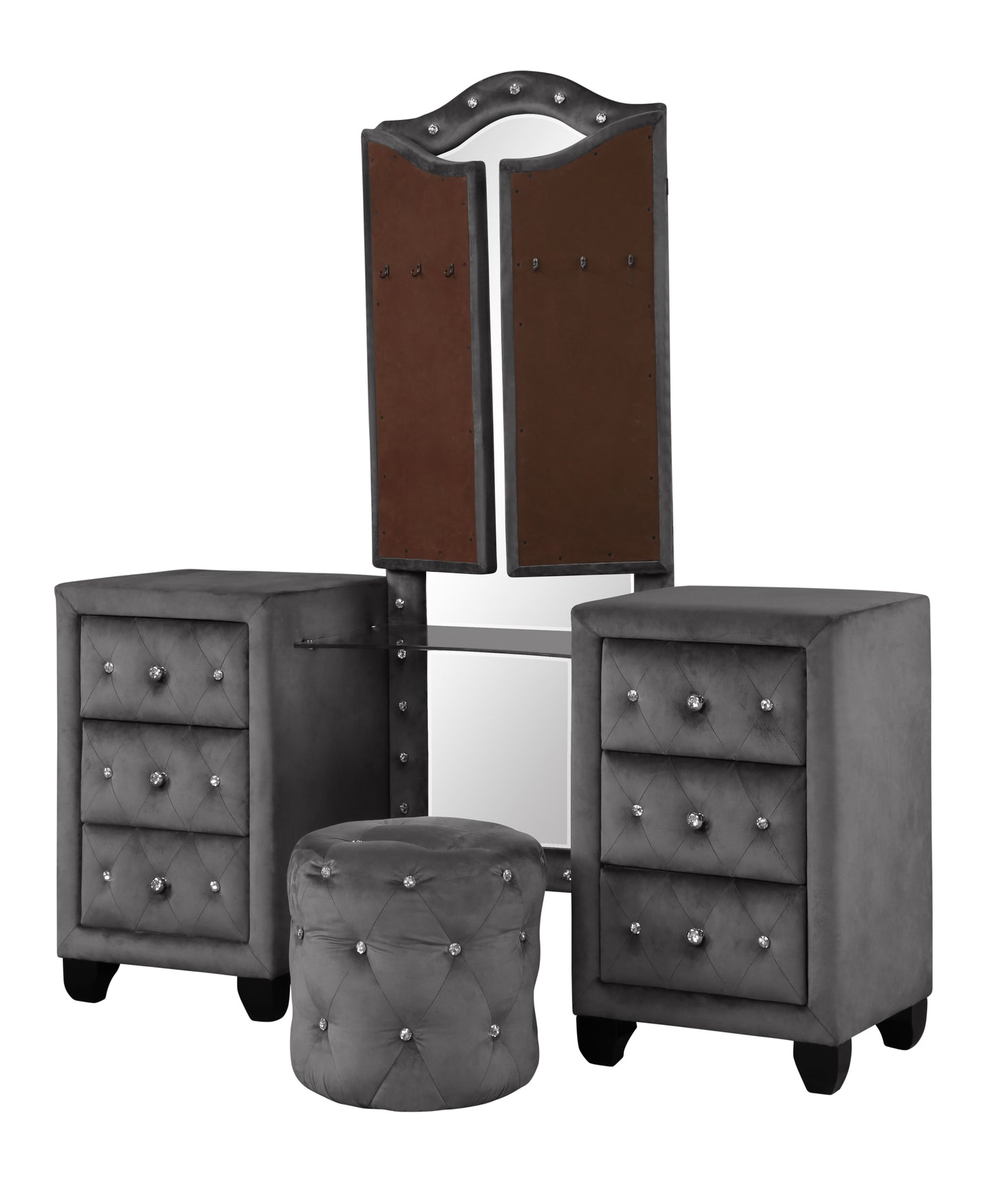 Queen 5 Pc Vanity Bedroom Set Made With Wood In Gray Color