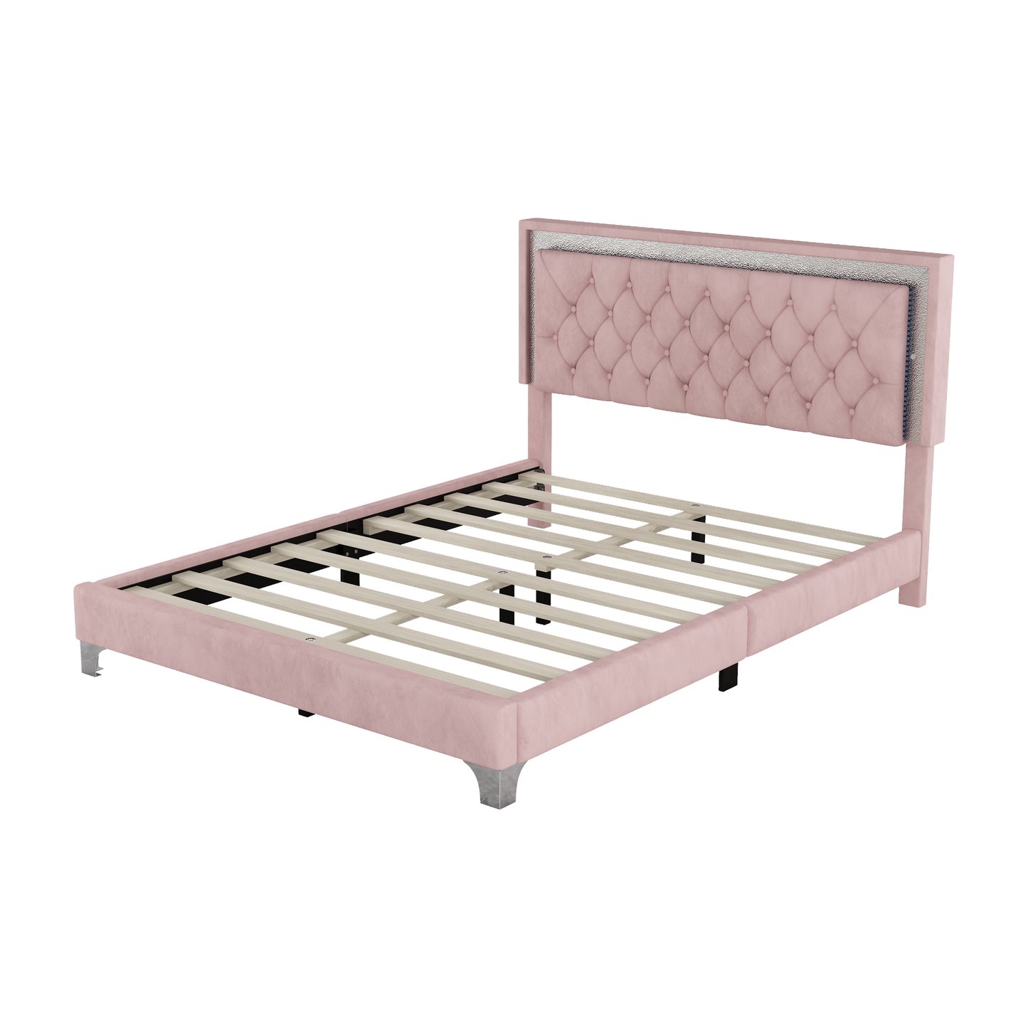 Juego de dormitorio de 3 piezas, cama tamaño queen tapizada con plataforma, luces LED y dos mesitas de noche, color rosa