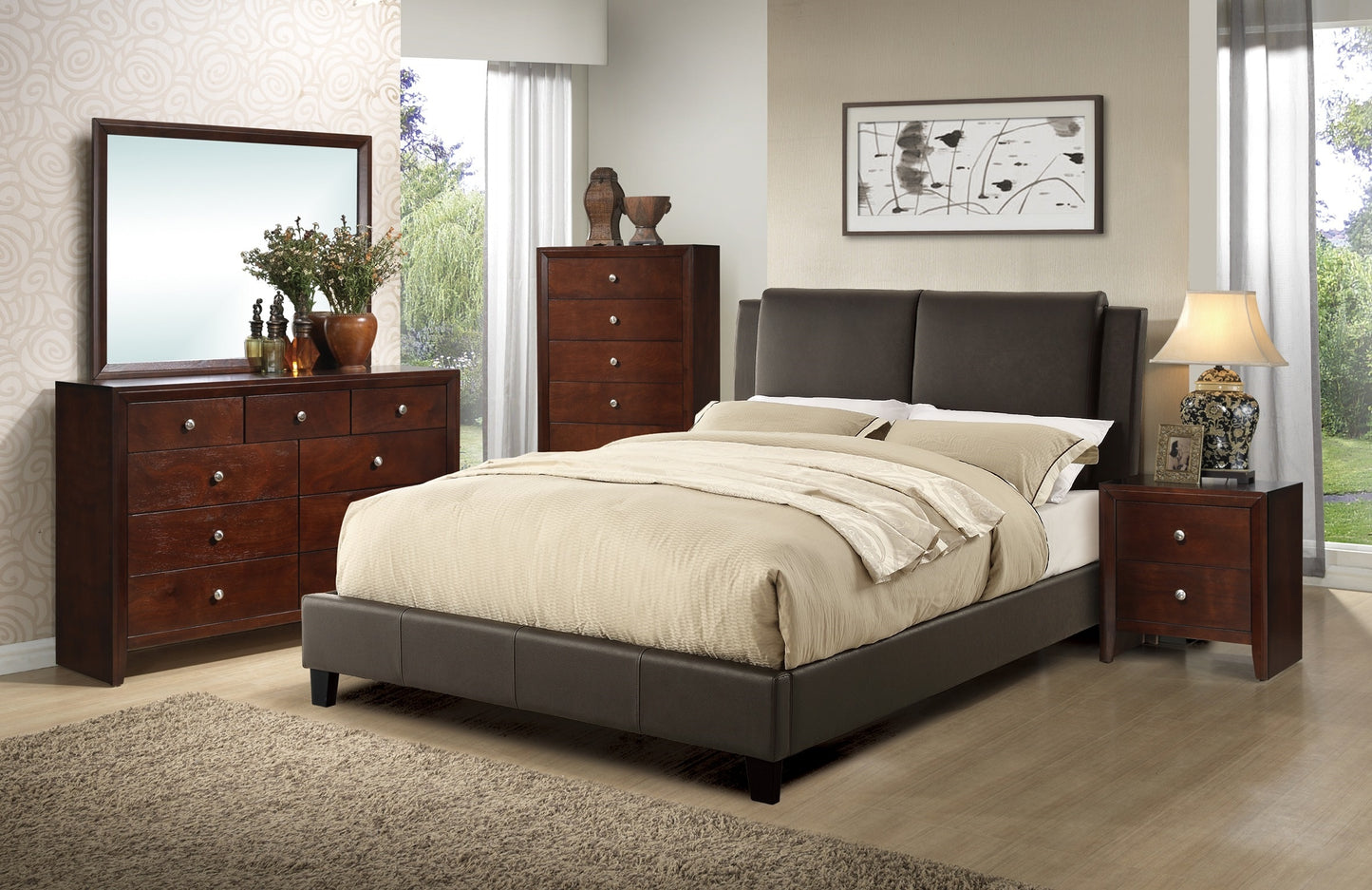 Eastern King Size Bed 1pc  Bed Set Brown Faux Leather Upholstered Two-Panel Bed Frame Headboard Bedroom Furniture