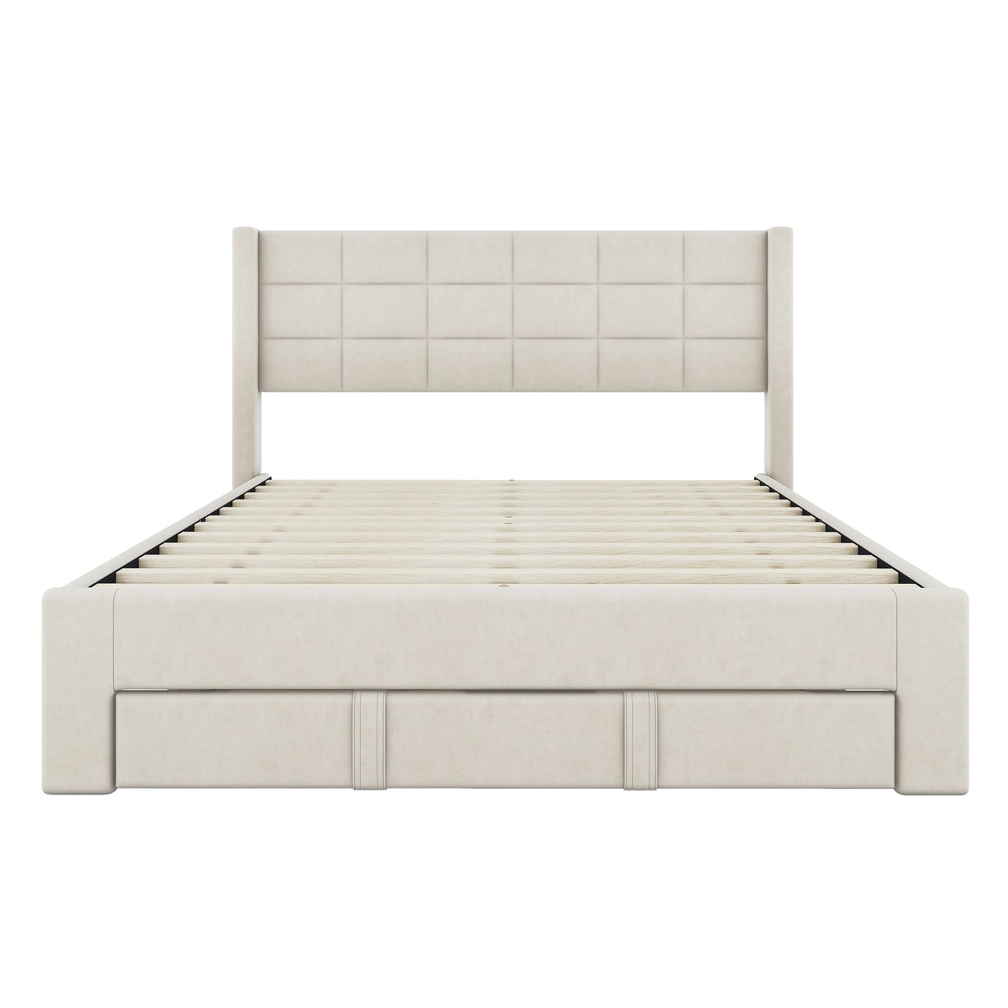 Queen Size Upholstered Platform Bed with A Big Drawer, Beige