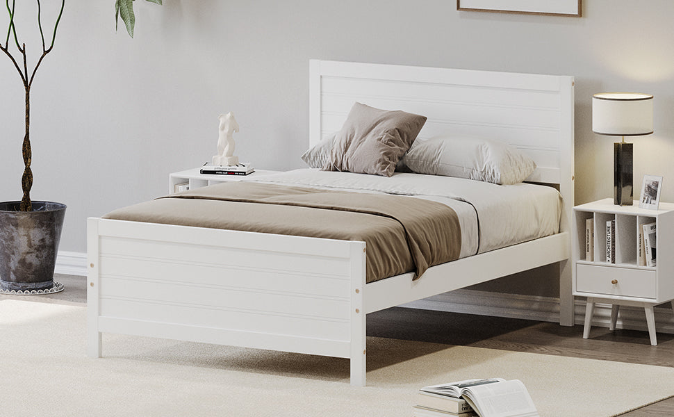 Wood Platform Bed Frame with Headboard, Mattress Foundation with Wood Slat Support, No Box Spring Needed, Full Size, White