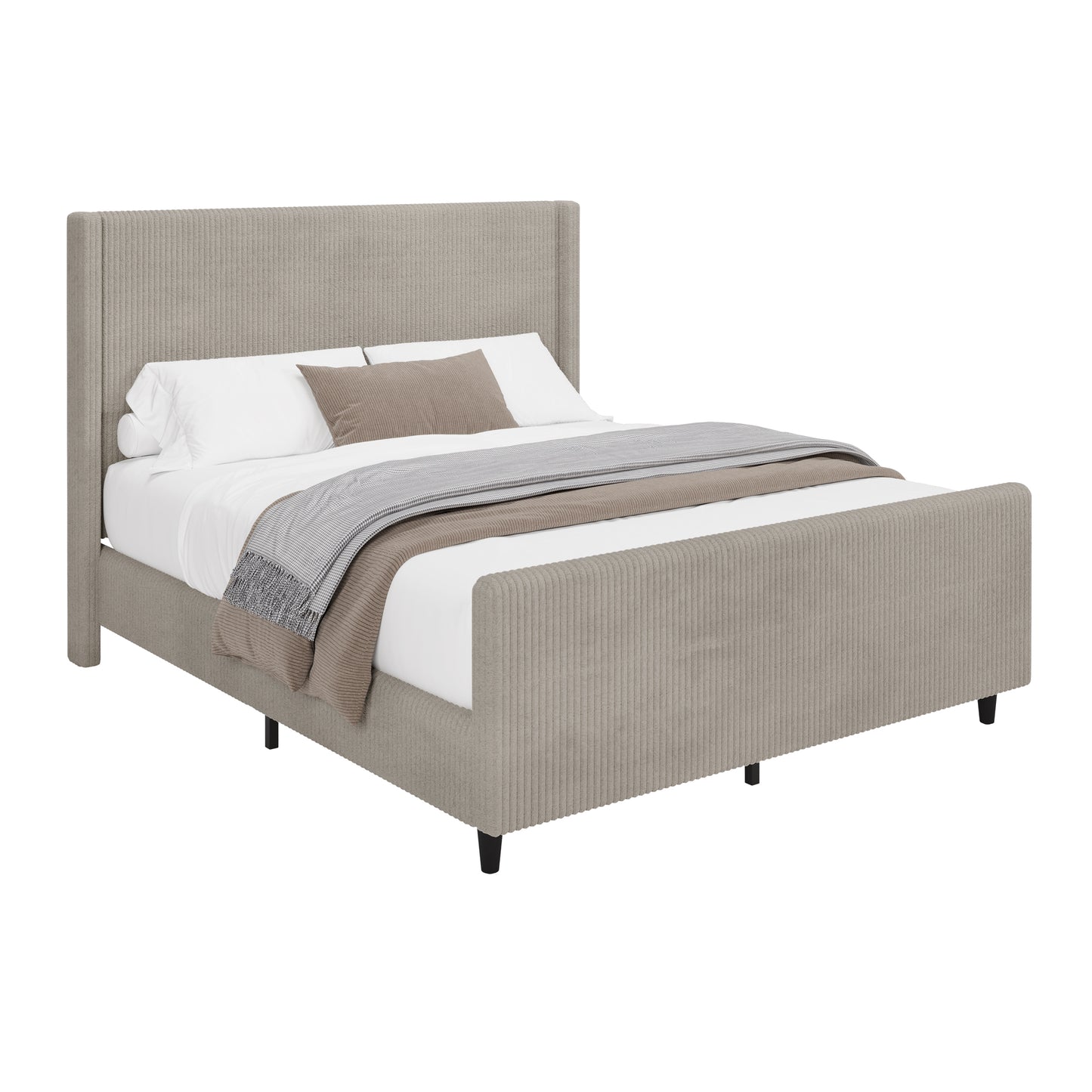 50.7'' High Headboard Corduroy Upholstered Bed Frame with Vertical Stripe Wingback and High Footboard No Box Spring Needed, Queen Size, Taupe