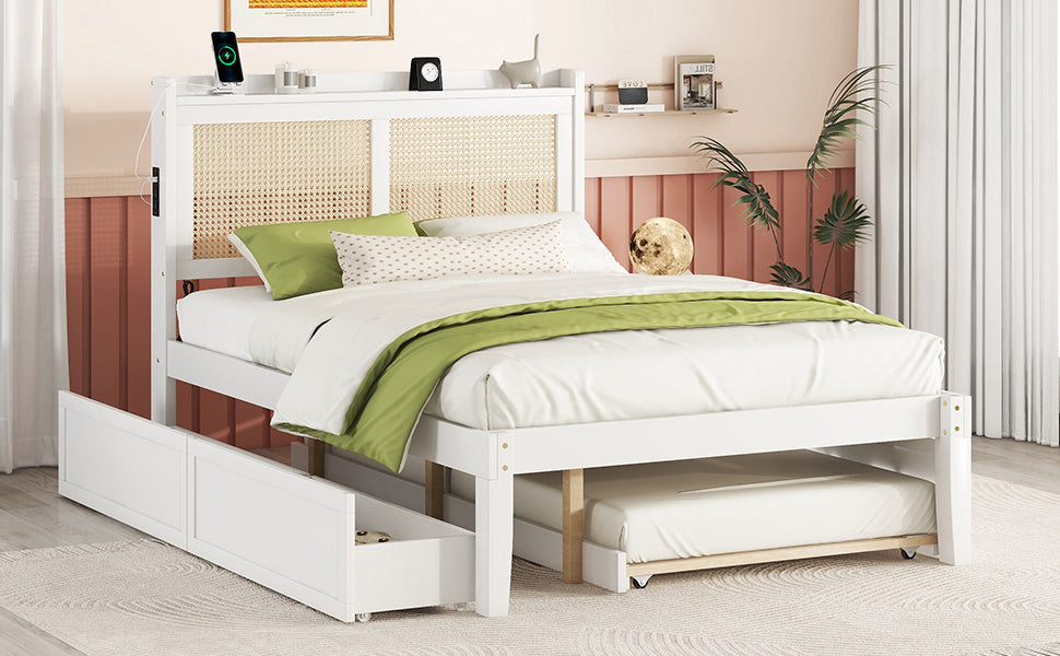 Full Size Elegant Bed Frame with Rattan Headboard and Sockets ,White