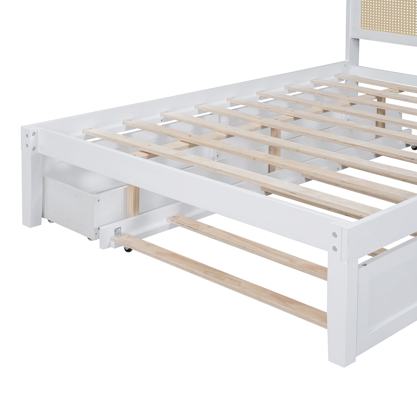 Full Size Elegant Bed Frame with Rattan Headboard and Sockets ,White