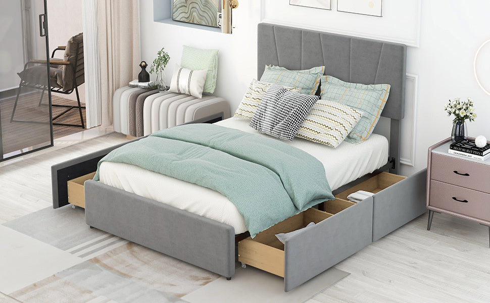 Full Size Upholstery Platform Bed with Four Drawers on Two Sides, Adjustable Headboard, Grey(Old SKU: WF291773EAA)