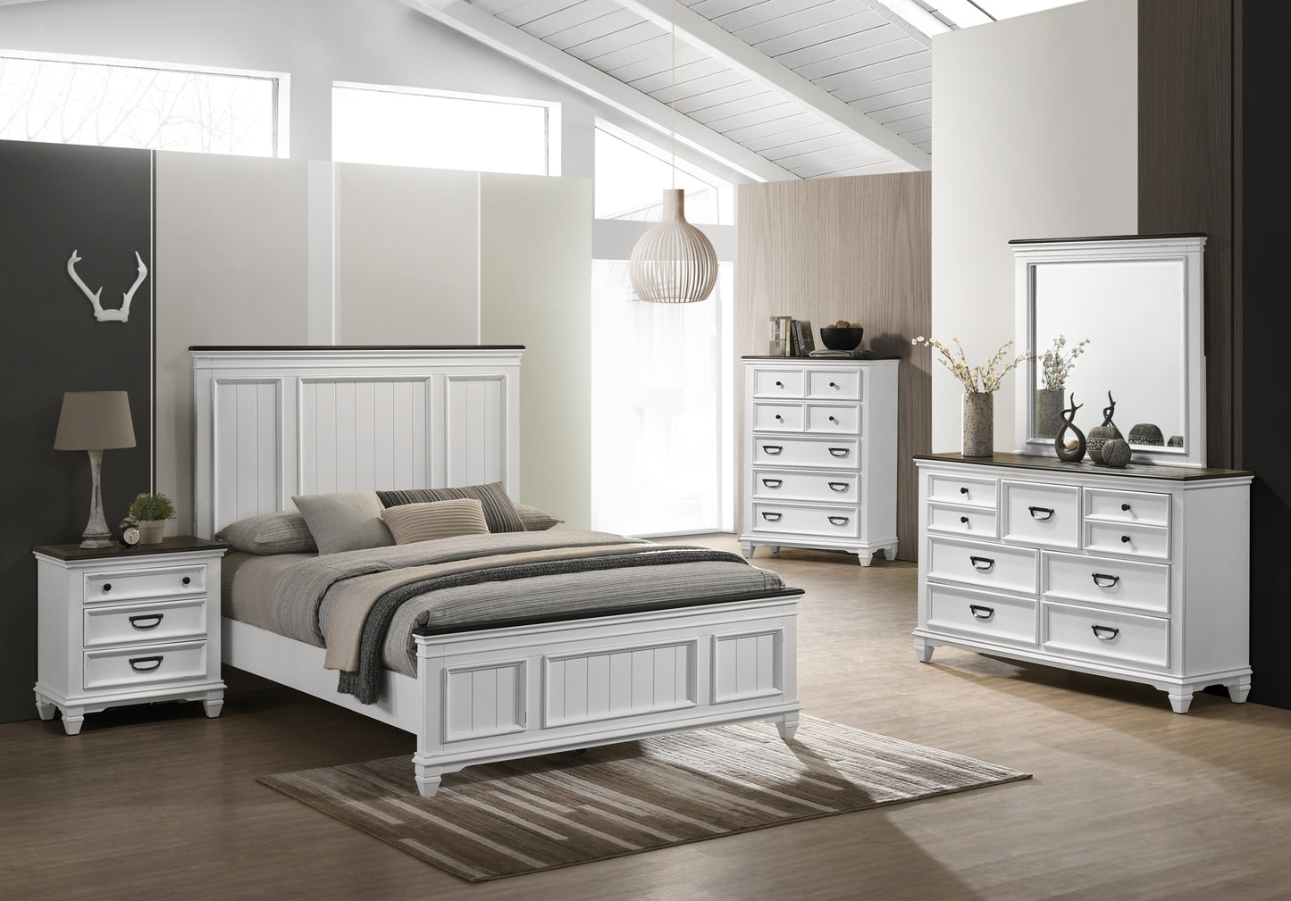 Clelane Wood Bedroom 5 piece Set with Shiplap Panel Queen Bed, Dresser, Mirror, Nightstand, and Chest