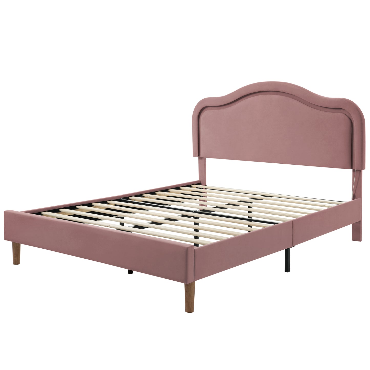 Full Size Velvet Upholstered Smart LED Bed Frame with Adjustable Height Headboard,No Box Spring Needed,Easy Assembly,Pink