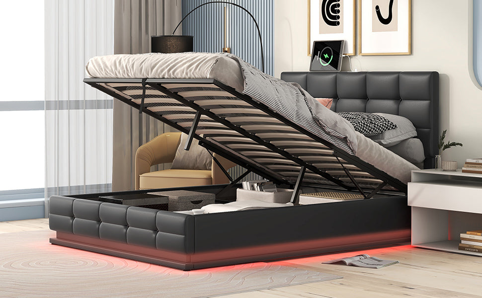 Full Size Tufted Upholstered Platform Bed with Hydraulic Storage System,PU Storage Bed with LED Lights and USB charger, Black