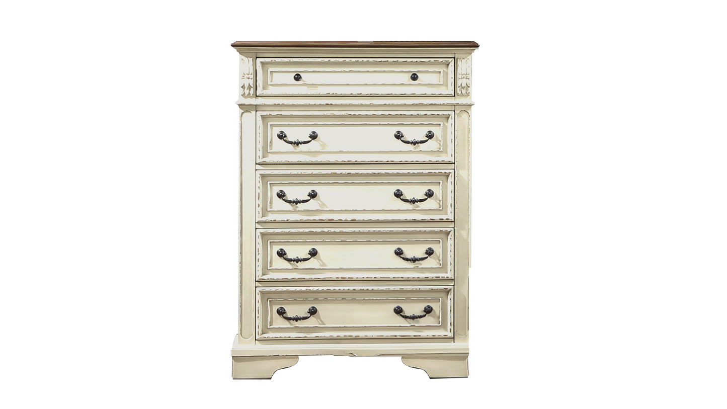 Ensemble de chambre à coucher Queen de style traditionnel 5 pièces avec tête de lit capitonnée à boutons en bois beige antique