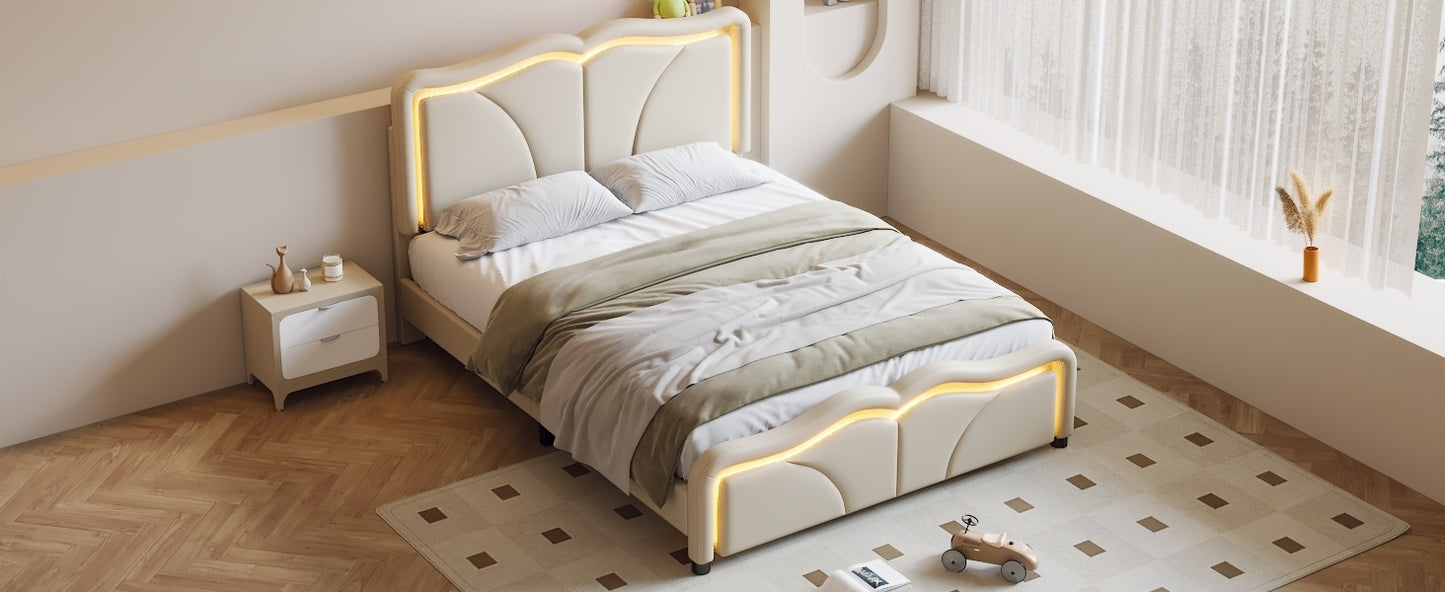 Full Size Upholstered Platform Bed with Curve Shaped and Height-adjustbale Headboard,LED Light Strips,White