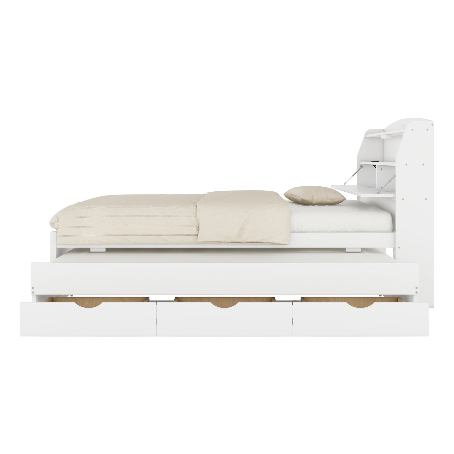 Full Size Wooden LED Platform Bed with Trundle, with Storage Headboard, with Drawers, White