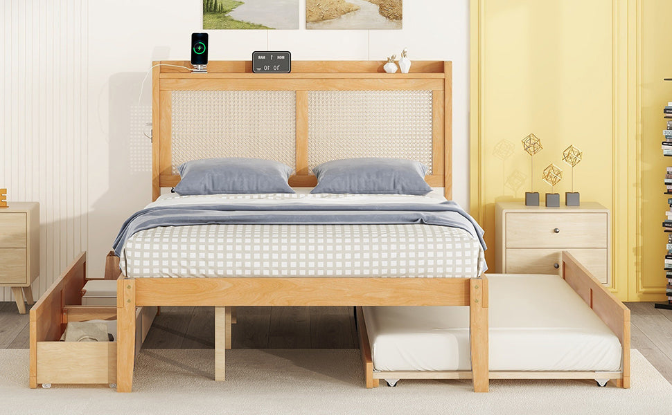 Full Size Elegant Bed Frame with Rattan Headboard and Sockets ,Natural