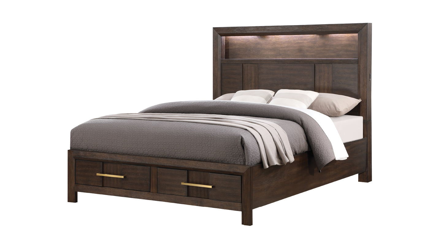 Modern Style King 5PC Storage Bedroom Set Made with Wood, LED Headboard, Bluetooth Speakers & USB Ports - Walnut