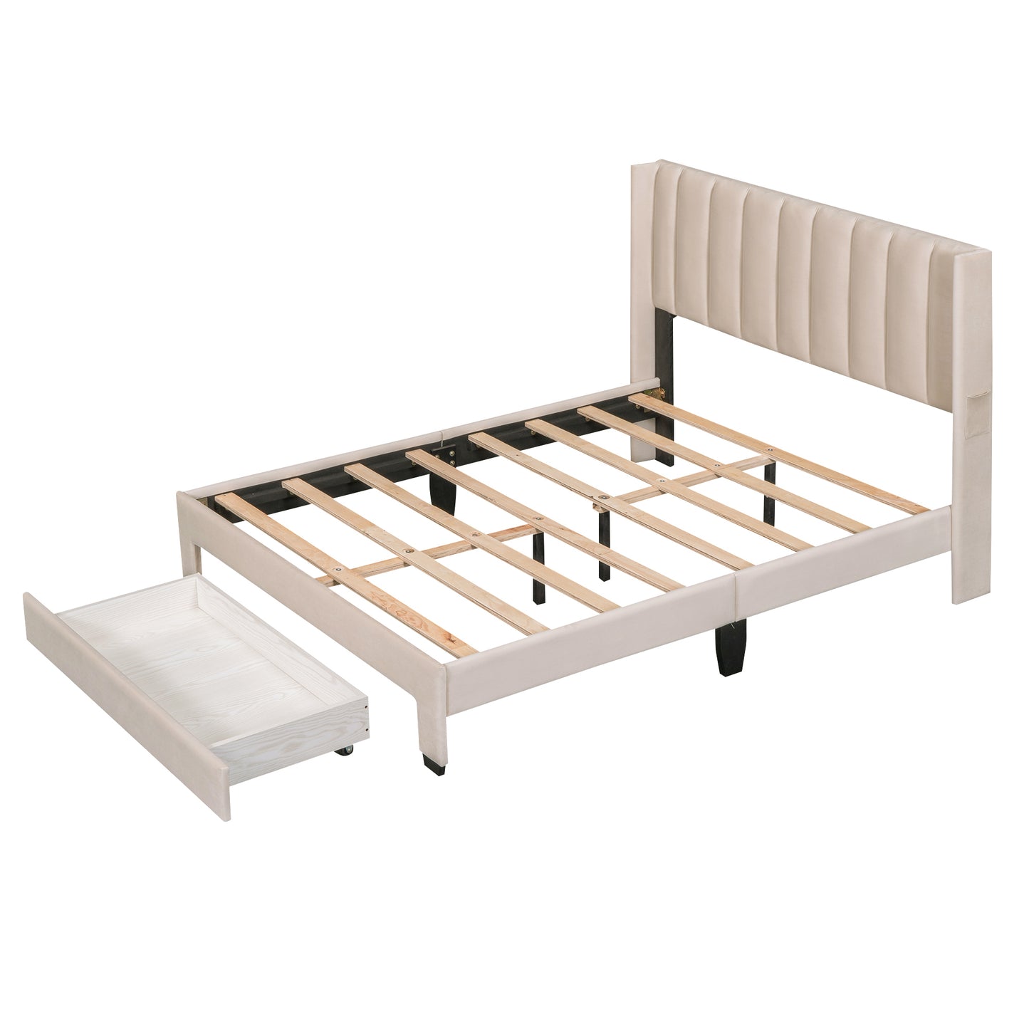 Full Size Storage Bed Velvet Upholstered Platform Bed with a Big Drawer - Beige