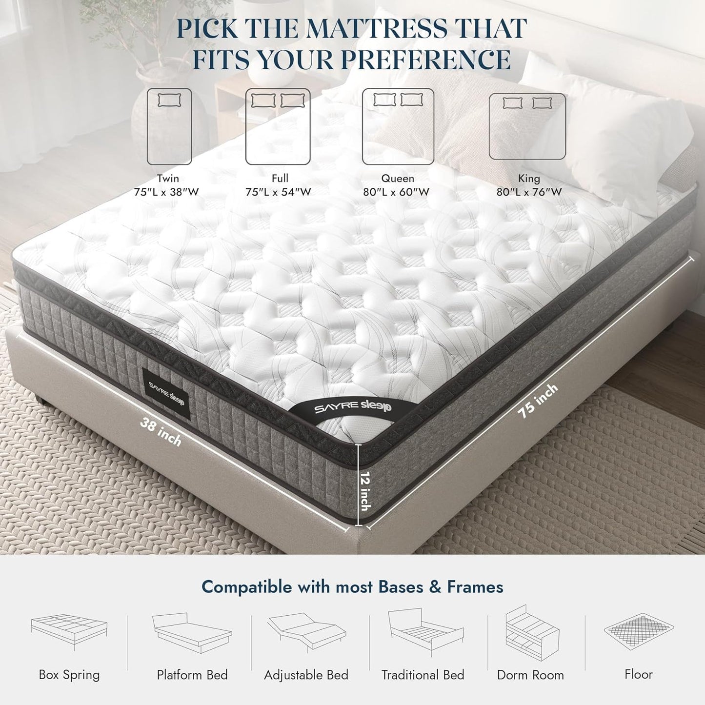 Assembled in USA -  High Quality 12" Queen Diamond Innerspring Hybrid and Cooling Gel Memory Foam Mattress, Pressure Relief, and Motion Isolation, CertiPUR-US and Oeko TEX Certified