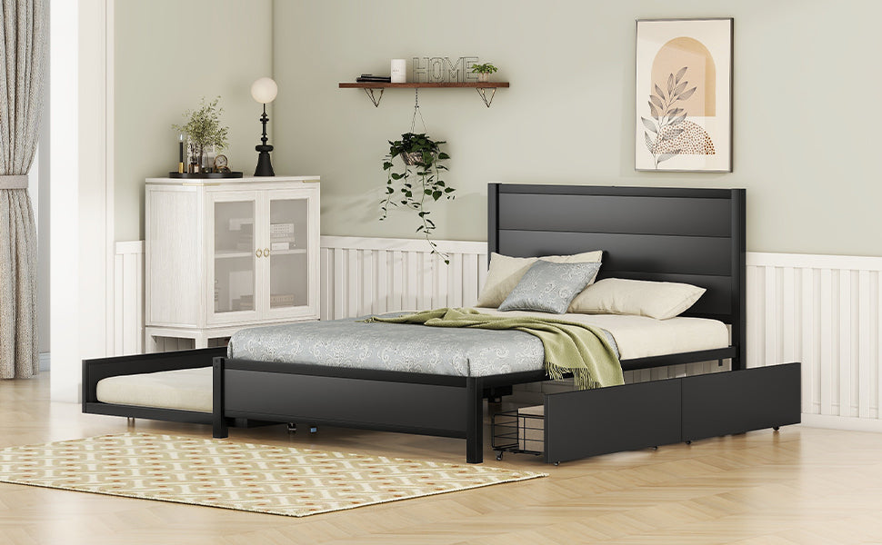 Metal Full Size Storage Platform Bed with Twin Size Trundle and 2 Drawers, Black