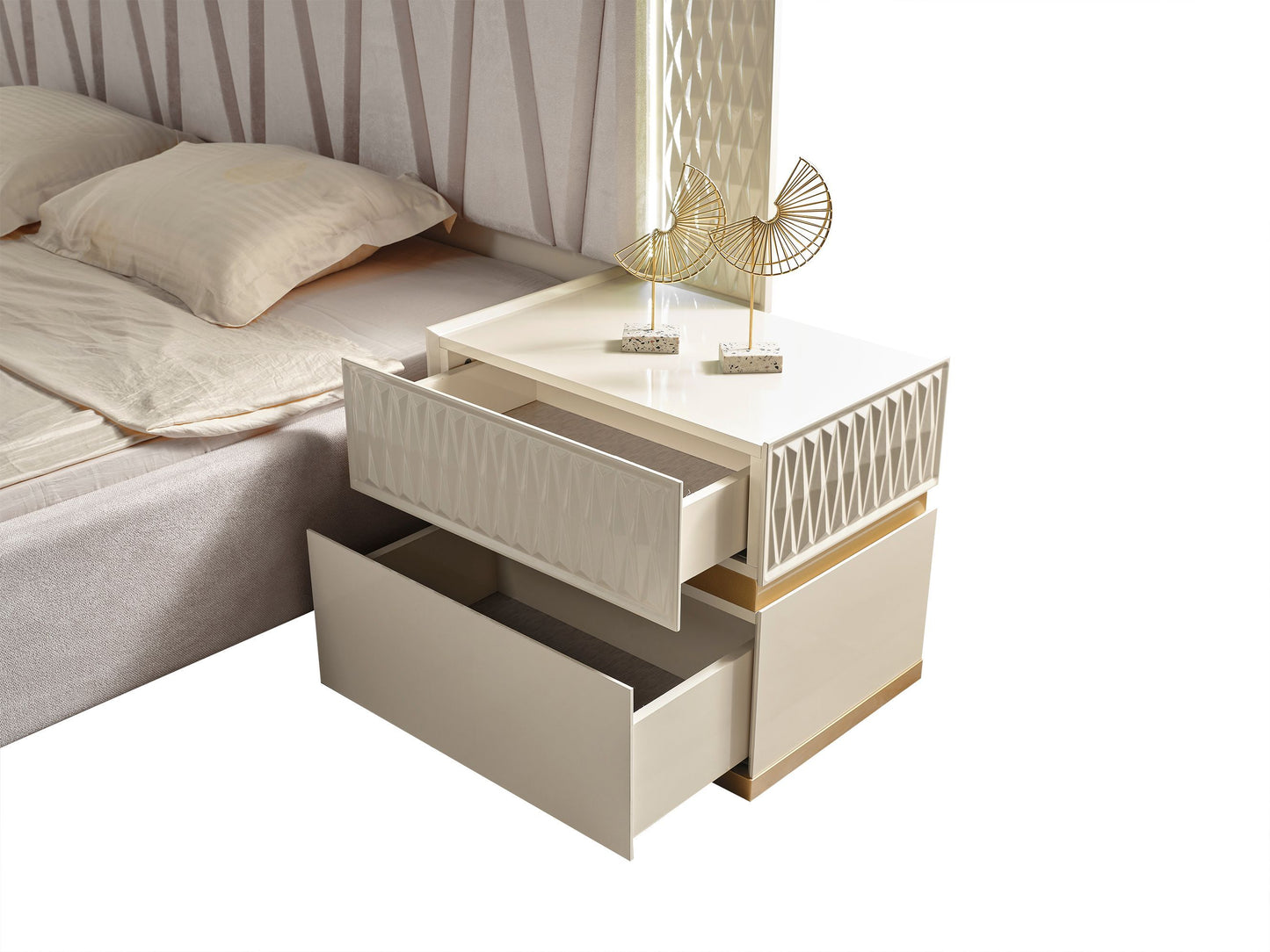 Juego de dormitorio de estilo moderno de 4 piezas con cama tamaño queen, fabricado con madera en color beige