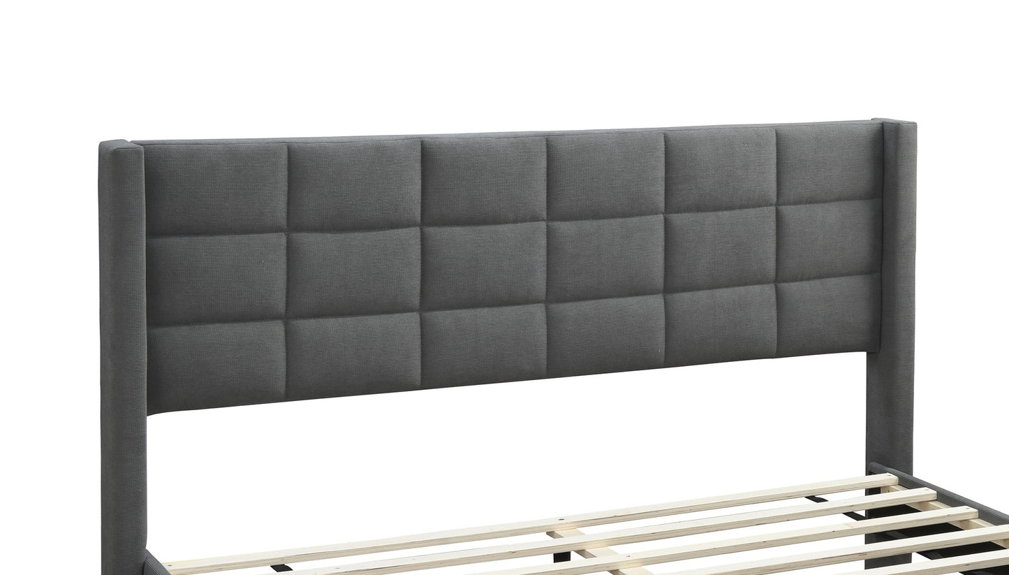 Elegant Modern Gray Brushed Linen 1pc Queen Size Bed Upholstered Box Design Headboard Bedframe