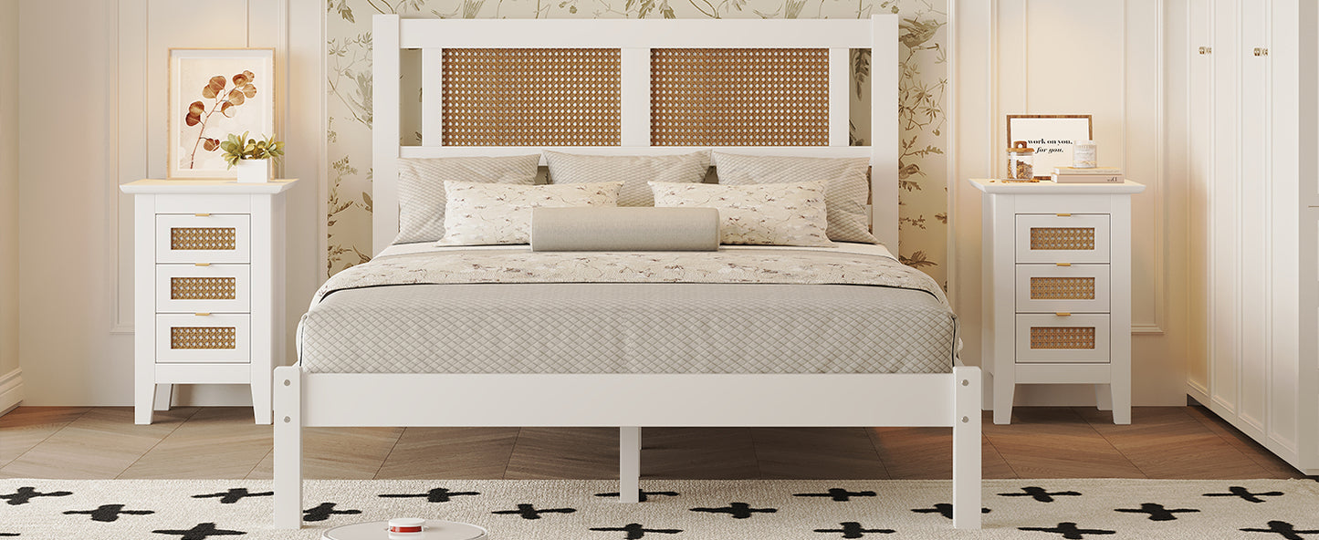 3-Pieces Bedroom Sets Full Size Wooden Platform Bed with Natural Rattan Headboard, Nightstands Set of 2 with Rattan-Woven Surfaces and Three Drawers for Bedroom, White